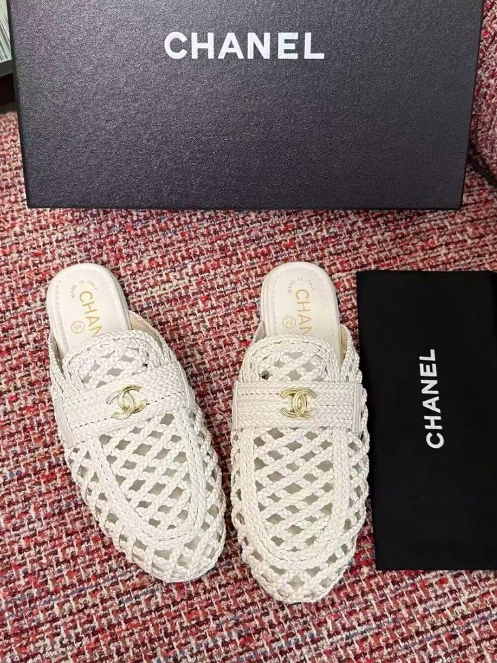 CHANEL White Crochet Hollow Out Slide Sandals